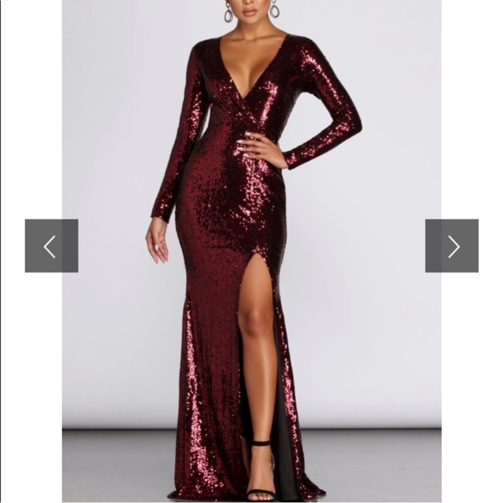 Long Sleeve V-Neck Sequin Gown - Burgundy